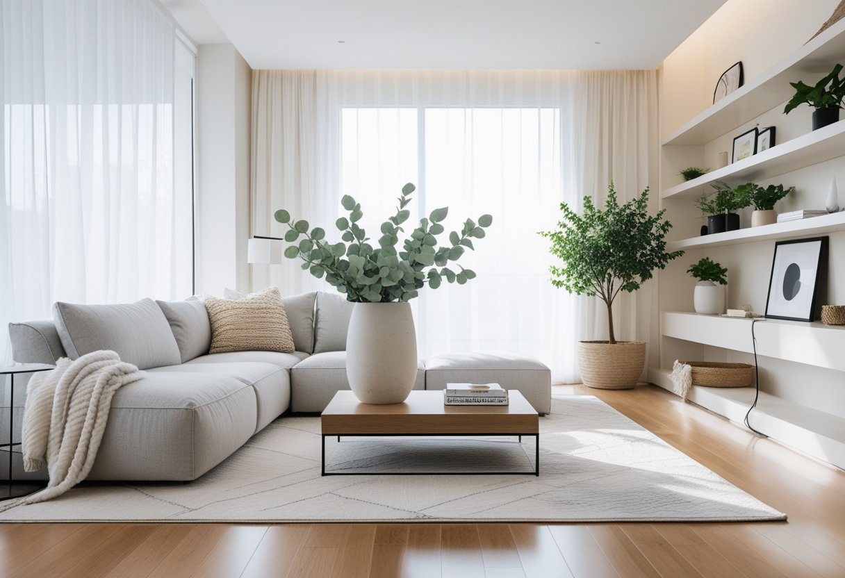 A bright living room with a gray sofa, wooden coffee table with plants and books, large windows with sheer curtains, and shelves with decorative items.