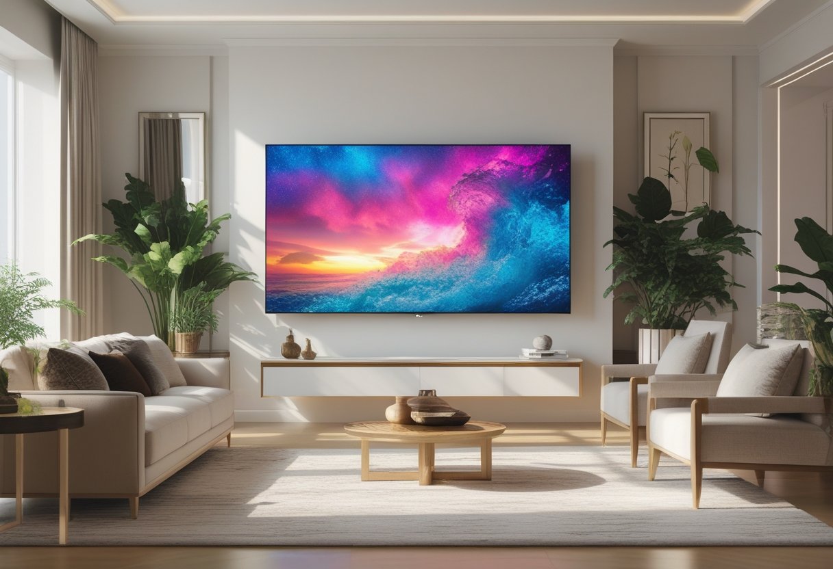 A living room with a Samsung Frame TV displaying digital artwork, surrounded by modern furniture and plants.