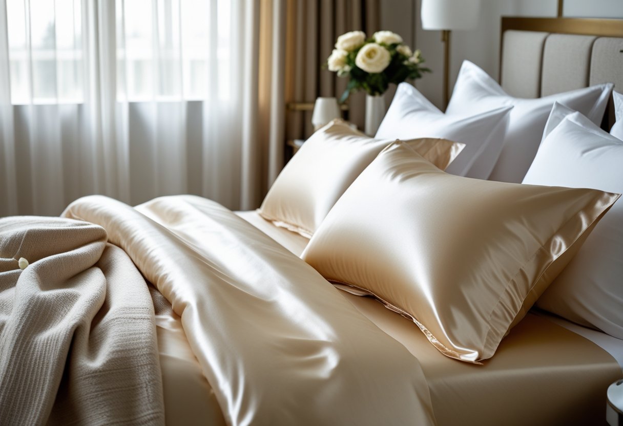 A neatly made bed with satin pillowcases in a softly lit bedroom with a vase of flowers and a lamp on a bedside table.