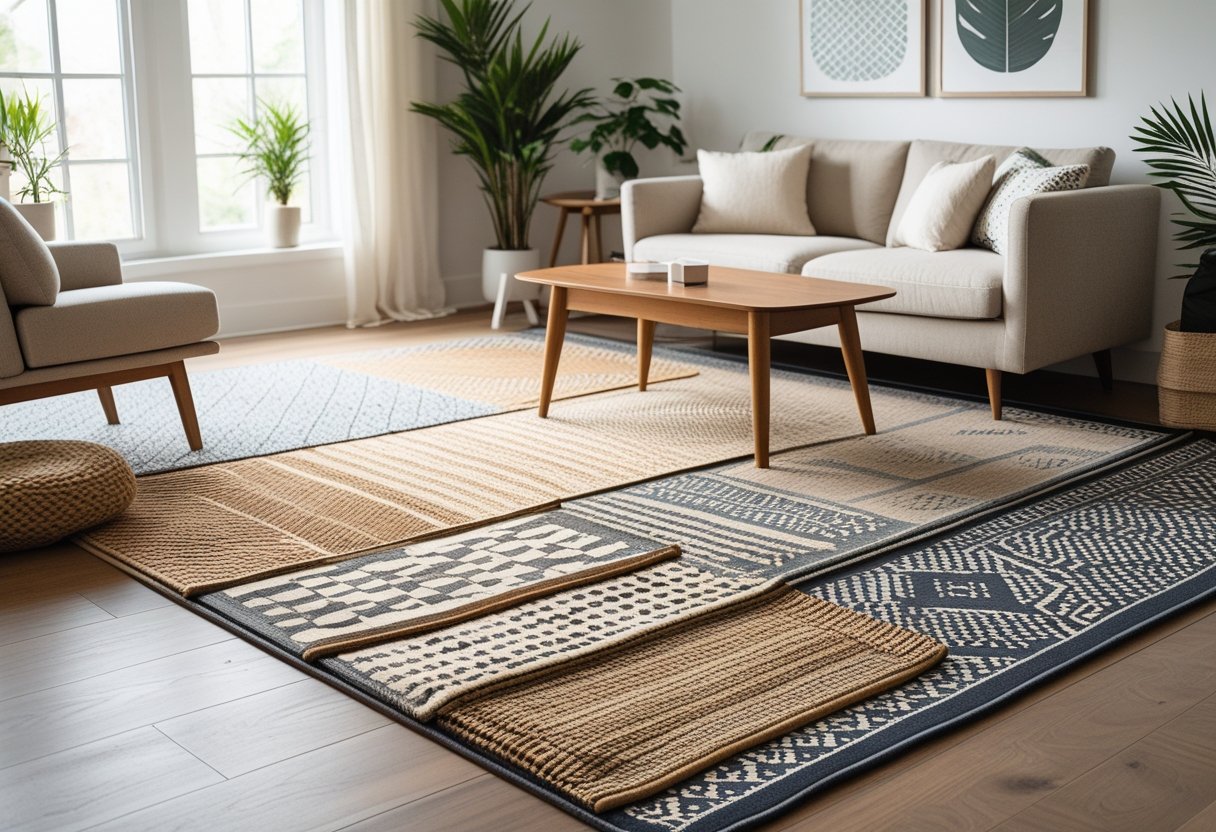 A living room with layered rugs of various textures and patterns on a hardwood floor, a sofa, coffee table, and natural light coming through windows.