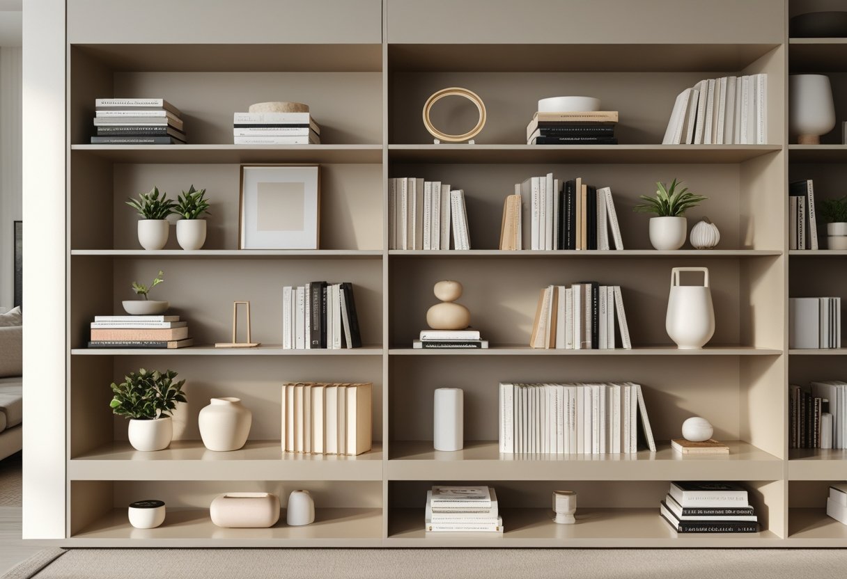 A neatly arranged bookshelf with books and decorative objects in a bright and cozy living room.