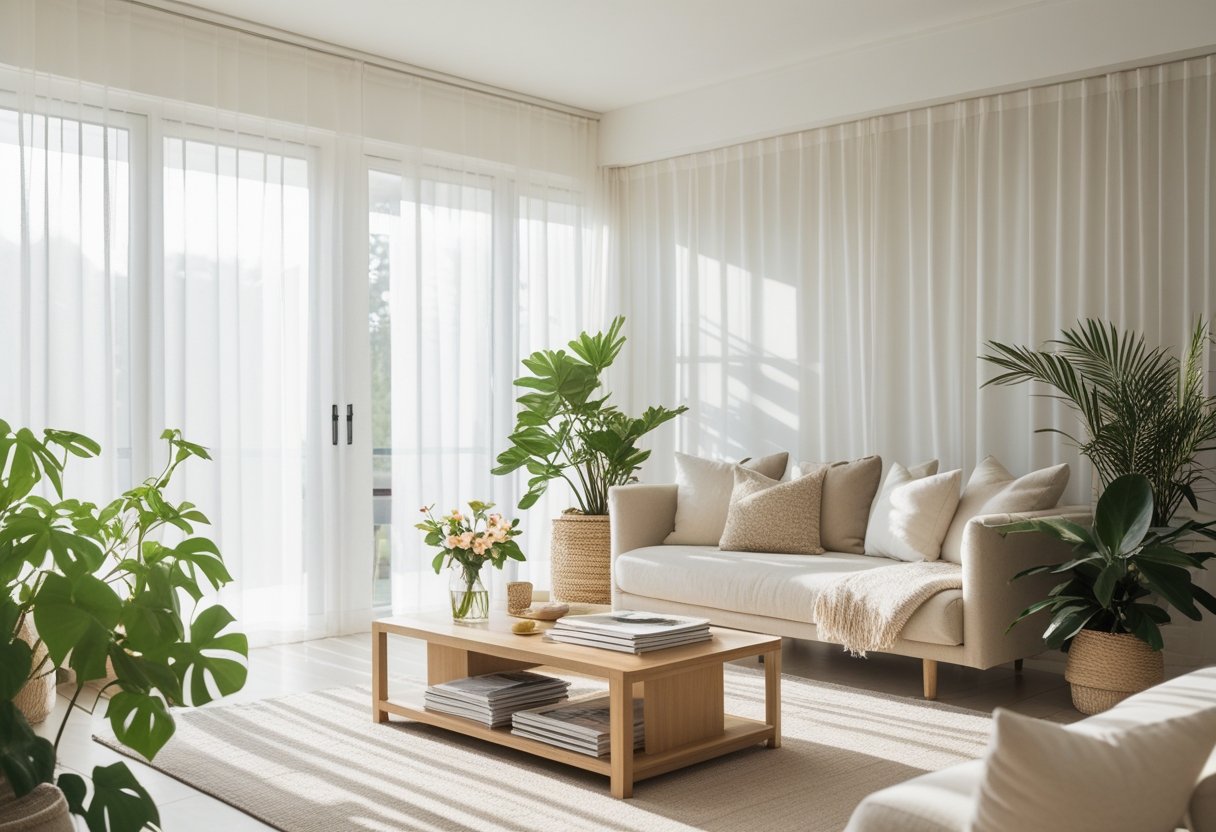 A sunlit living room with sheer curtains, a sofa, plants, and a coffee table with flowers.