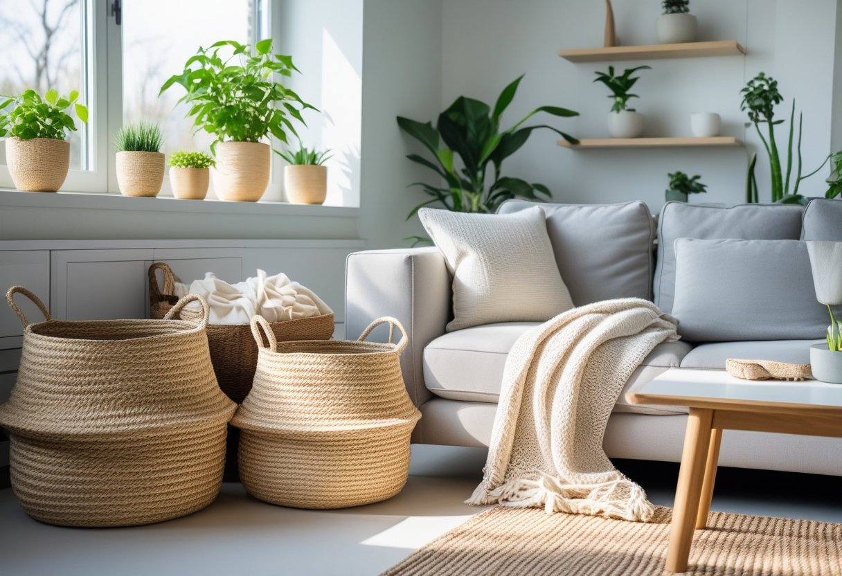 A bright living room with a sofa, woven baskets, knit throws, plants, and a wooden coffee table.