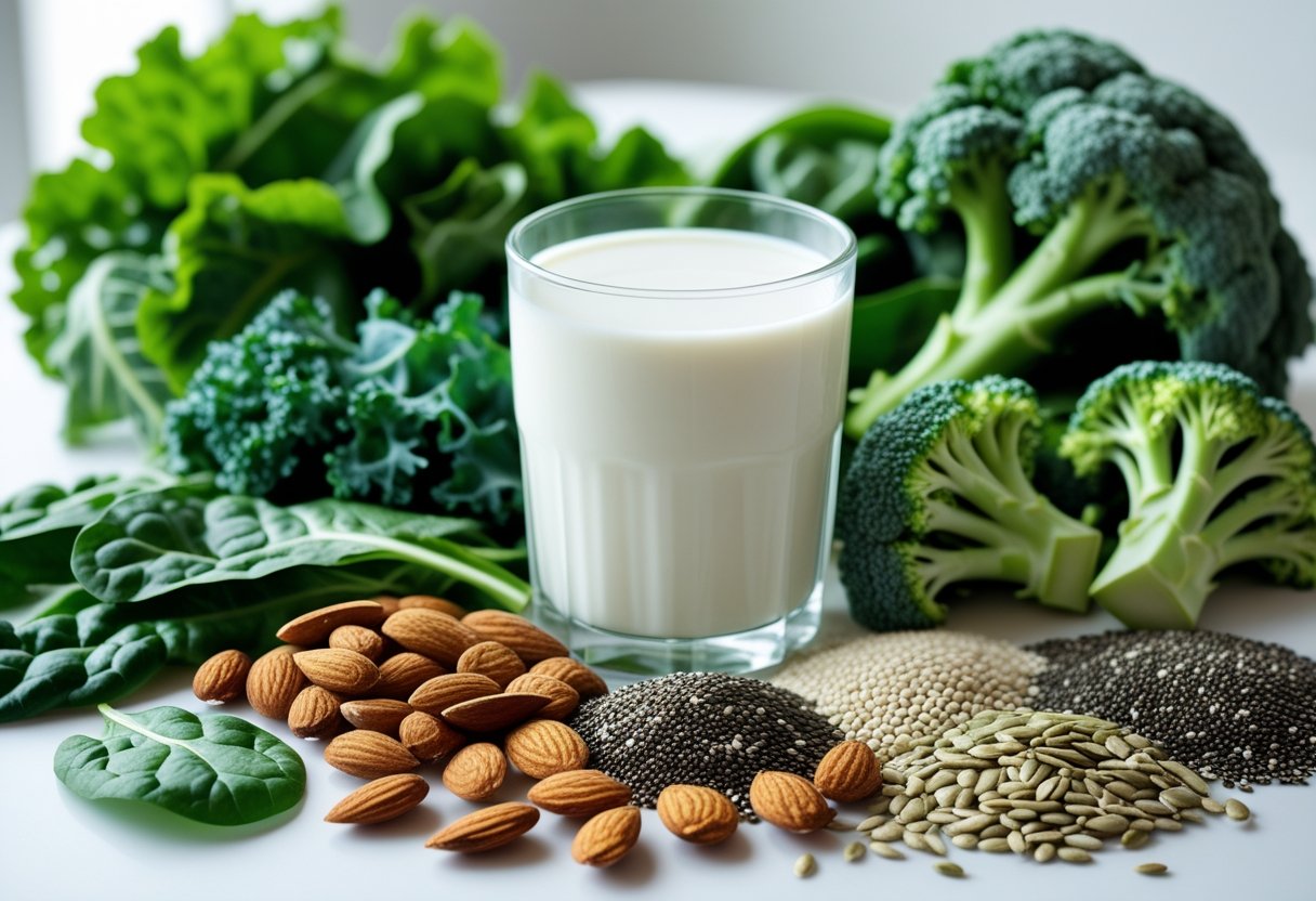 An assortment of plant-based foods rich in calcium including leafy greens, almonds, chia seeds, broccoli, and a glass of plant-based milk arranged on a white surface.