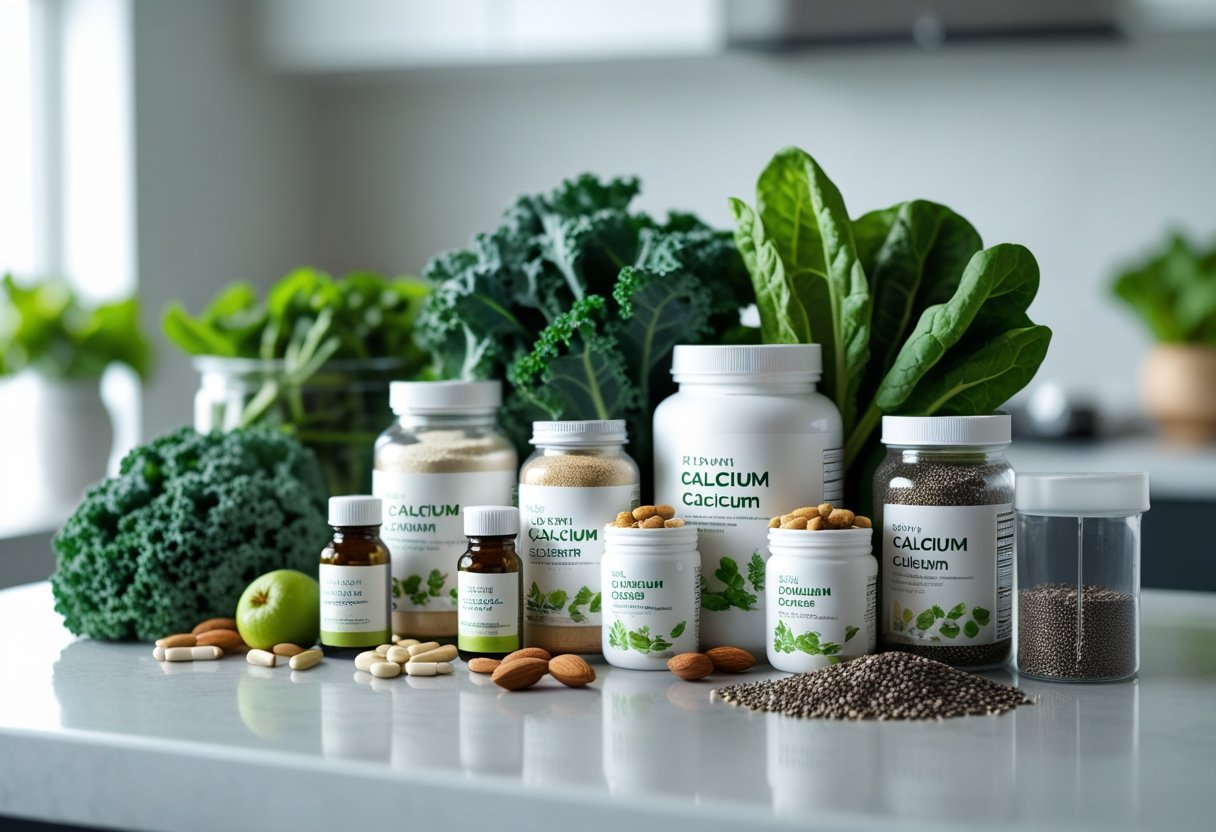 A kitchen countertop displaying plant-based calcium supplements with fresh leafy greens, almonds, and chia seeds.