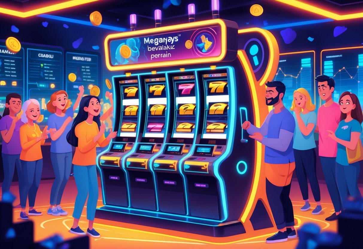 Adegan di kasino dengan mesin slot Megaways dan pemain yang menunjukkan berbagai emosi dan perilaku bermain.