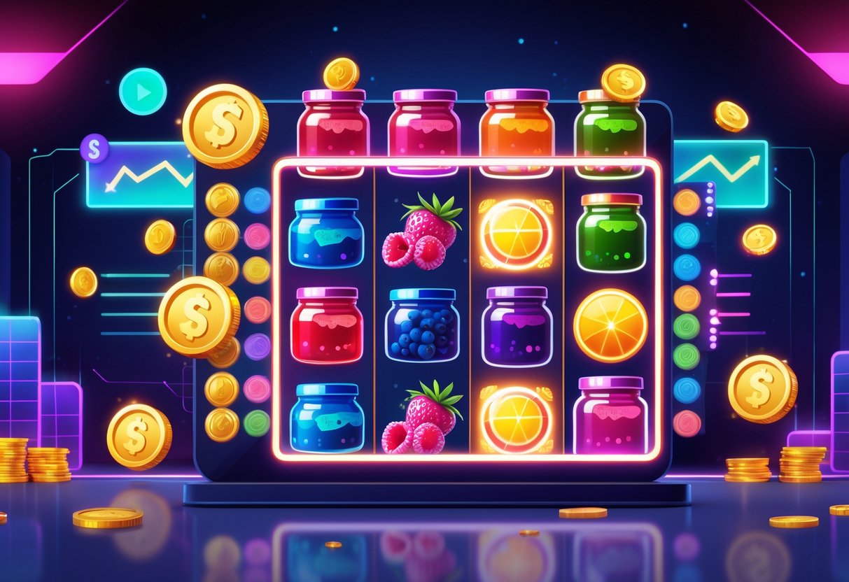 Ilustrasi mesin slot dengan gulungan berisi toples selai warna-warni dan ikon koin serta grafik yang menunjukkan tren pemain.