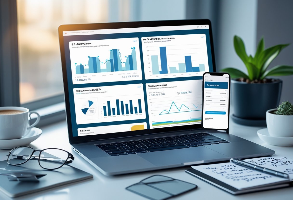 E-Commerce-SEO-Best Practices für Online-Shops 2 Ein moderner Arbeitsplatz mit Laptop, Smartphone und Notizbuch, auf dem SEO-Analysen und E-Commerce-Elemente dargestellt sind.