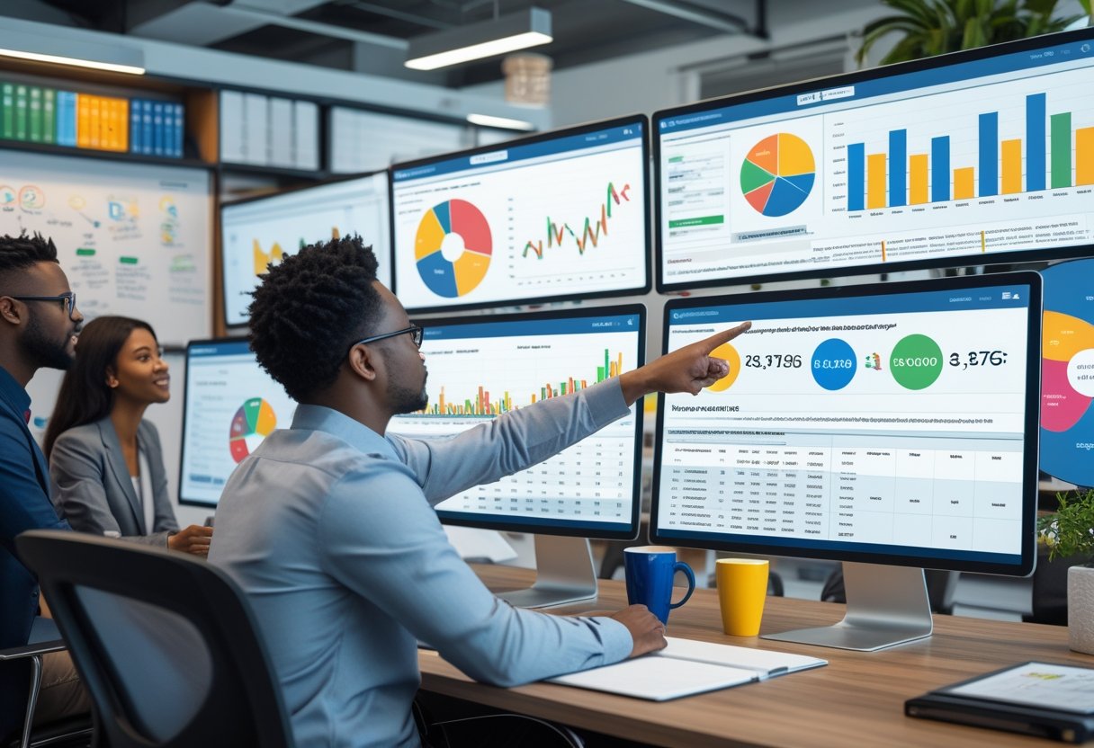 E-Commerce-SEO-Best Practices für Online-Shops 3 Menschen in einem Büro analysieren Daten auf Bildschirmen, die Diagramme und Statistiken zu E-Commerce und Suchmaschinen-Rankings zeigen.