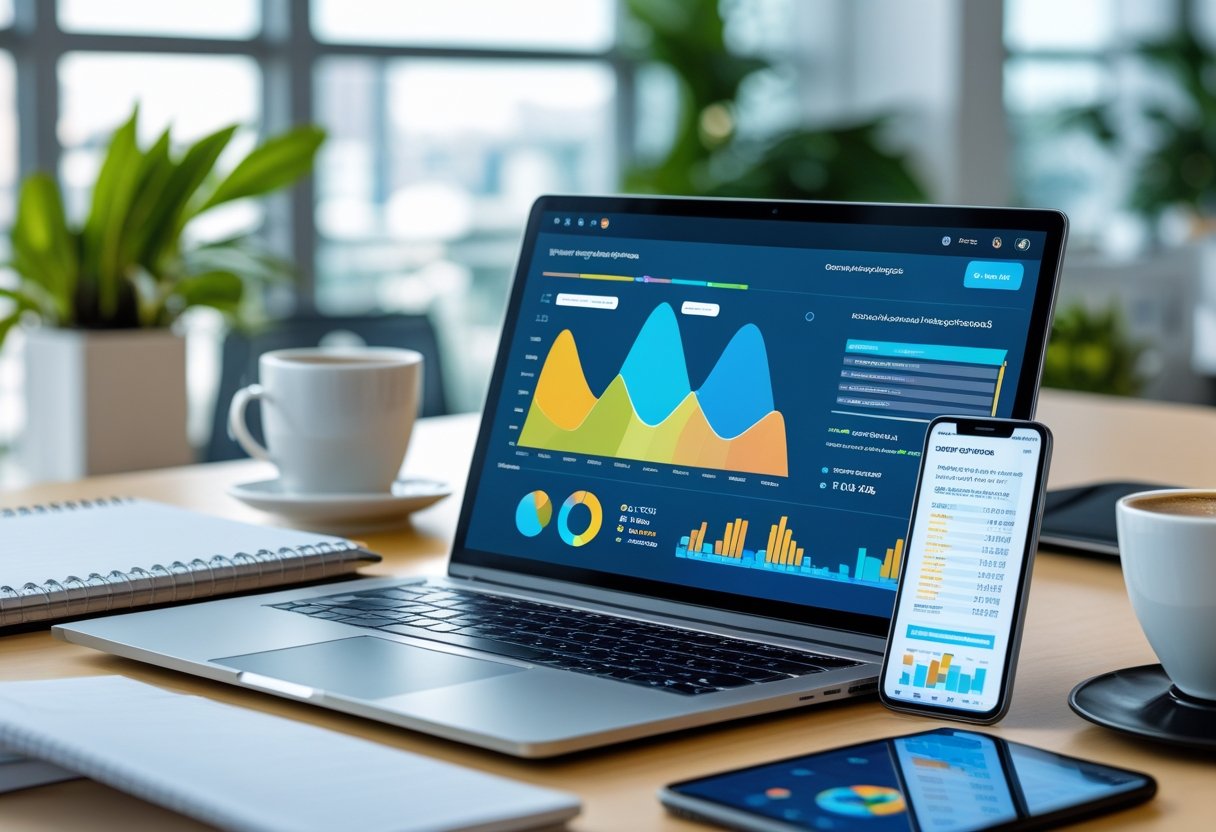 Ein moderner Arbeitsplatz mit Laptop, Smartphone, Notizbüchern und Kaffeetasse in einem hellen Büro mit Pflanzen.