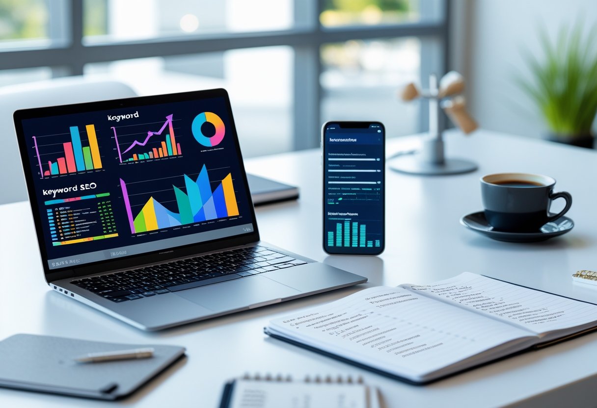 Ein moderner Arbeitsplatz mit Laptop, Smartphone und Notizbuch, die auf SEO-Keywords und digitale Marketingstrategie hinweisen.