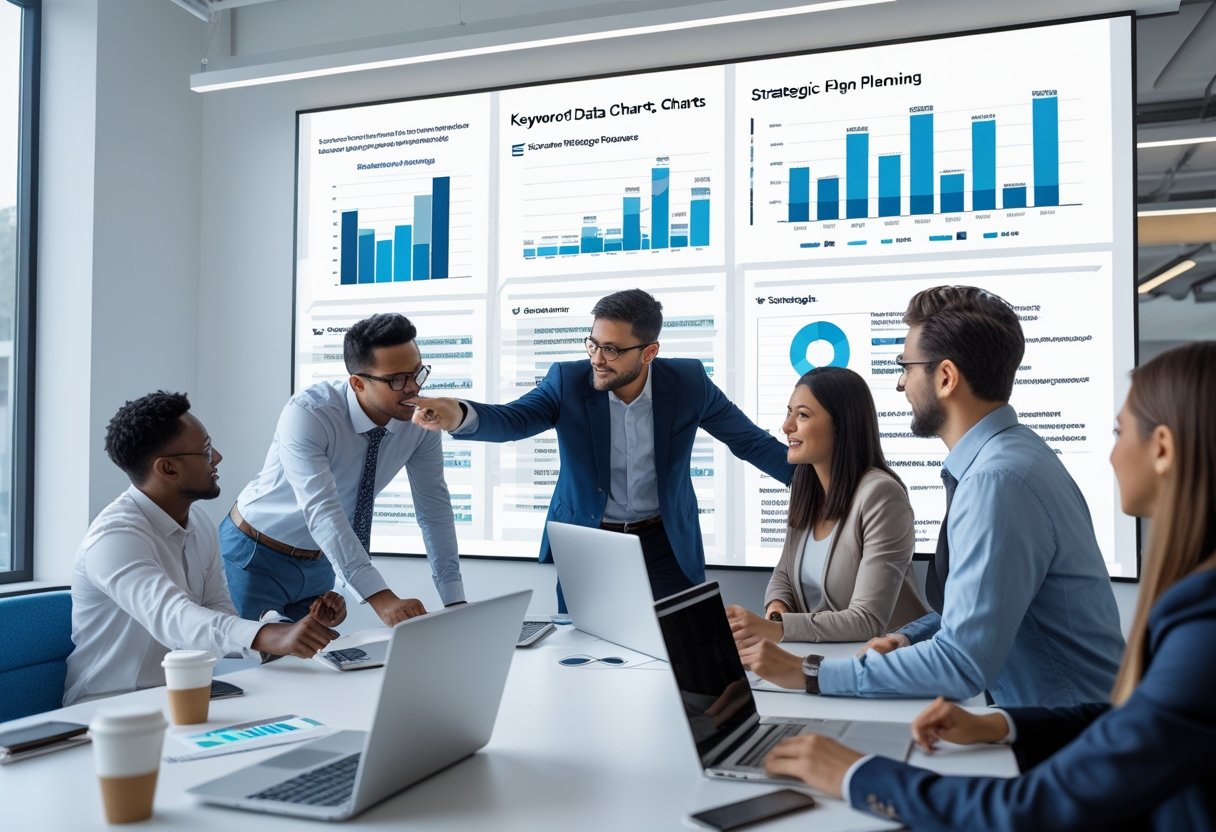 Ein Team von Fachleuten arbeitet gemeinsam an einer Strategie in einem modernen Büro mit Diagrammen und Daten auf einem Bildschirm.