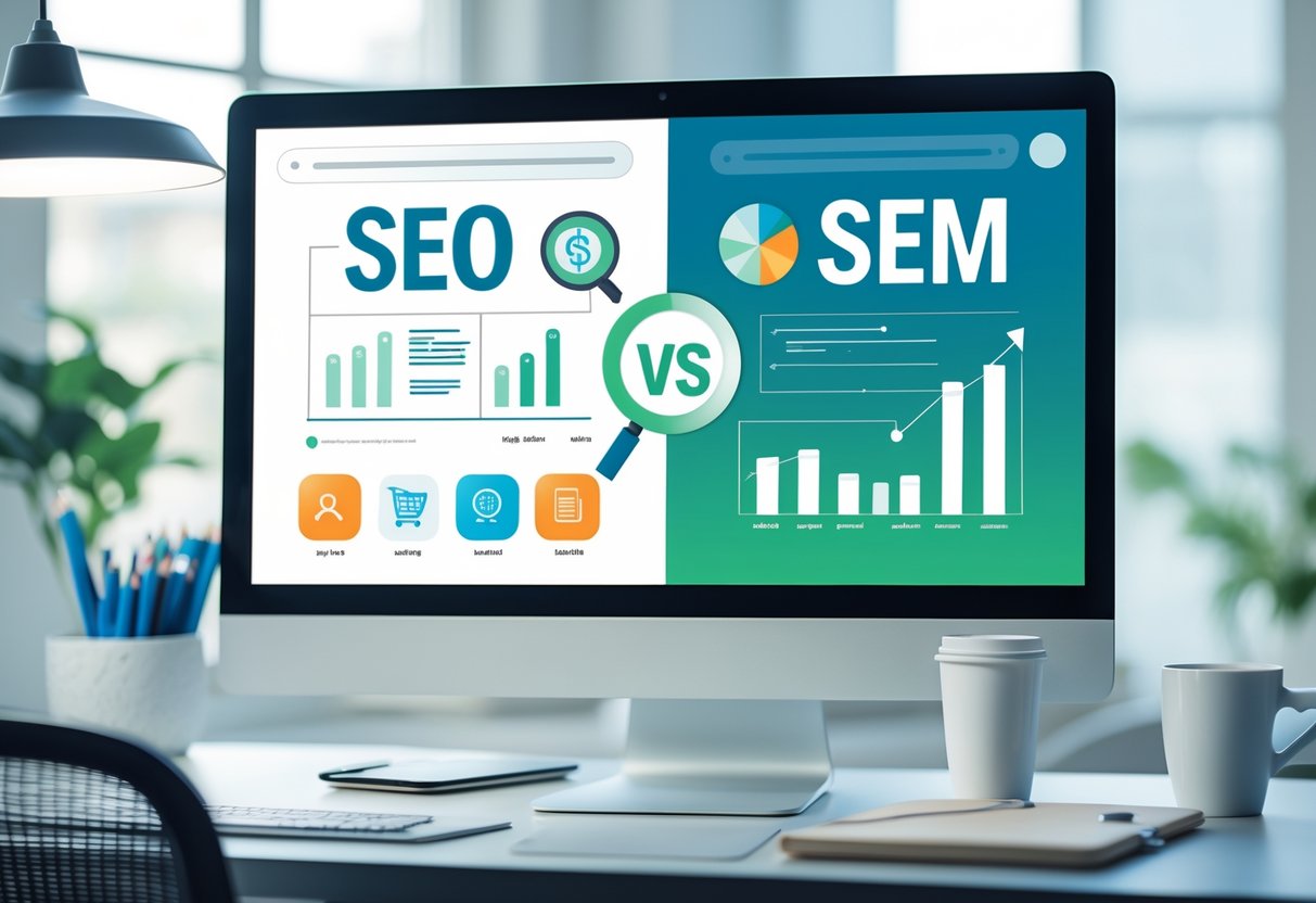 Ein moderner Arbeitsplatz mit einem Computerbildschirm, der Symbole für SEO und SEM nebeneinander zeigt, um deren Unterschiede darzustellen.