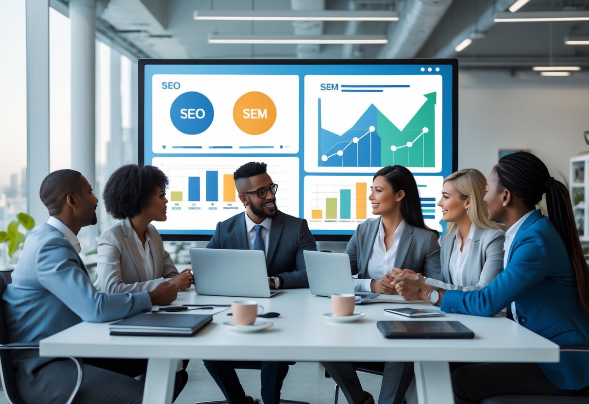 Geschäftsleute diskutieren in einem modernen Büro vor einem Bildschirm mit Diagrammen und Symbolen zu Suchmaschinenstrategien.