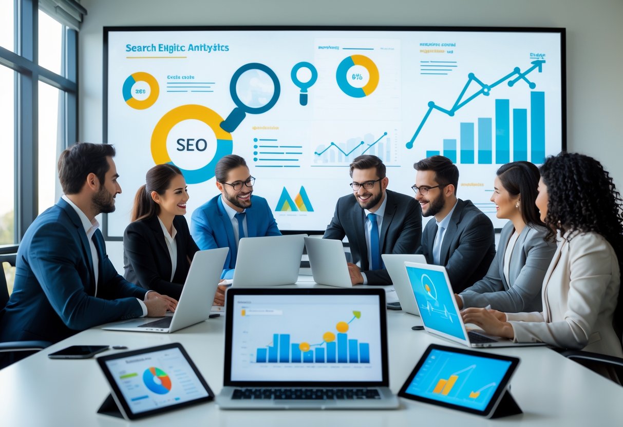 Ein Team von Fachleuten arbeitet gemeinsam an Laptops und Tablets in einem modernen Büro an digitalen Marketingstrategien.