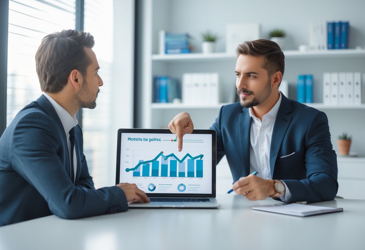 Ein Berater erklärt einem Kunden in einem modernen Büro SEO-Strategien anhand von Diagrammen auf einem Laptop.