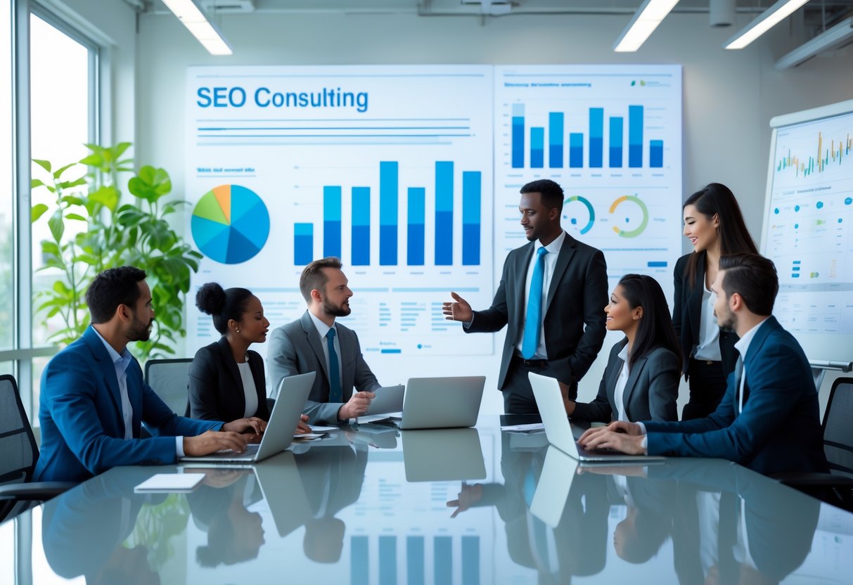 Geschäftsleute diskutieren gemeinsam in einem modernen Büro über SEO-Strategien mit Laptops und digitalen Diagrammen.