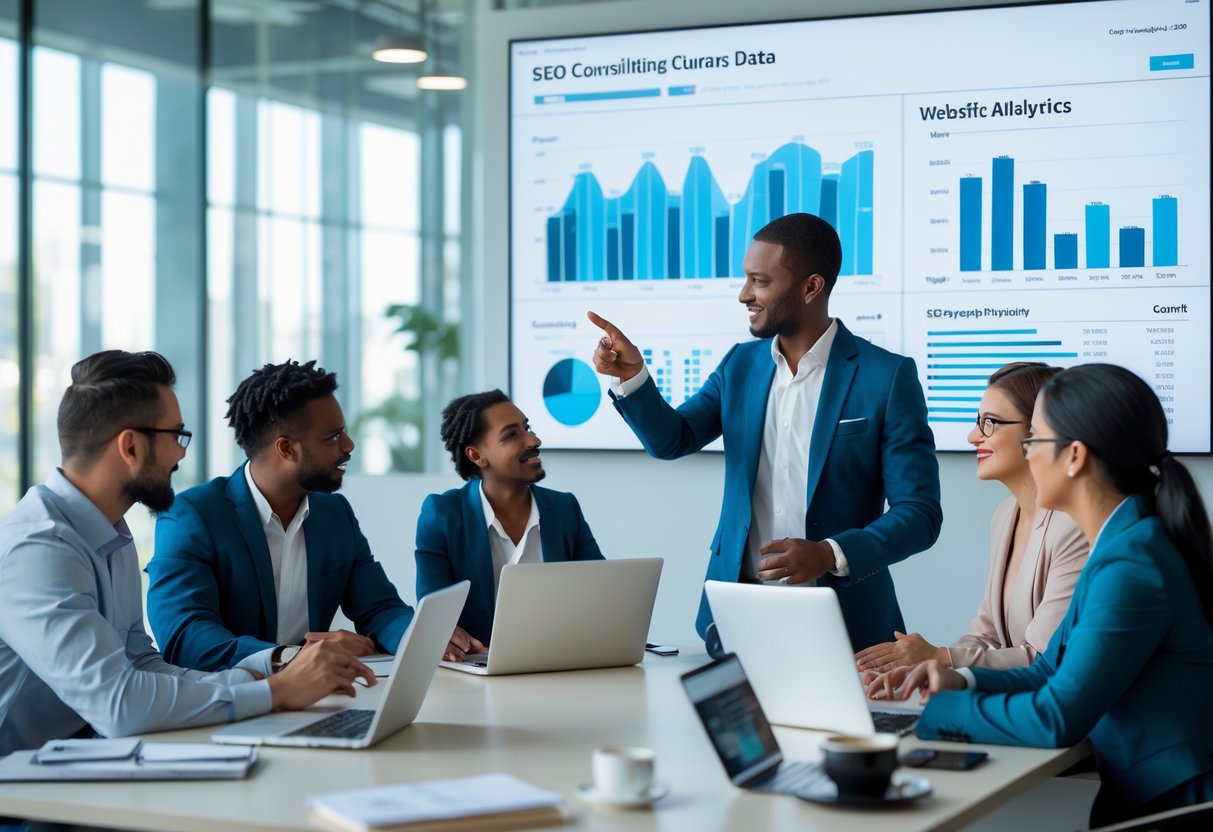 Geschäftsleute besprechen gemeinsam SEO-Strategien in einem modernen Büro mit digitalem Bildschirm und Laptops.