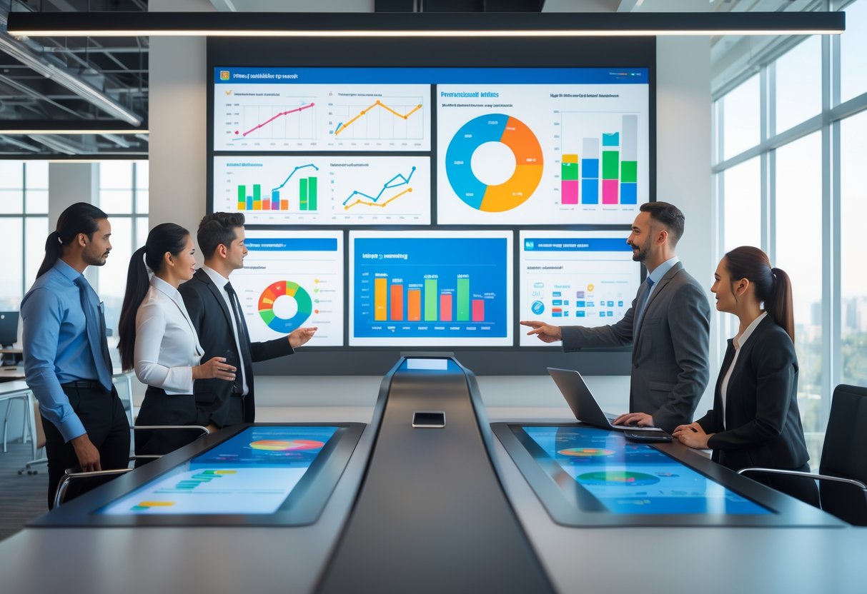 Geschäftsleute arbeiten gemeinsam an einem digitalen Tisch mit Diagrammen und KPI-Dashboards in einem modernen Büro.