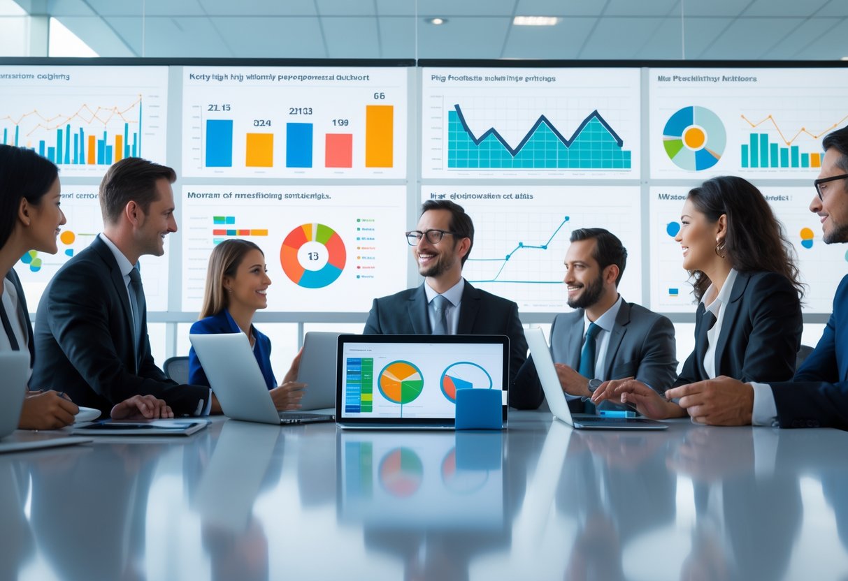 Mehrere Fachleute arbeiten gemeinsam in einem modernen Büro an digitalen Diagrammen und Datenvisualisierungen.