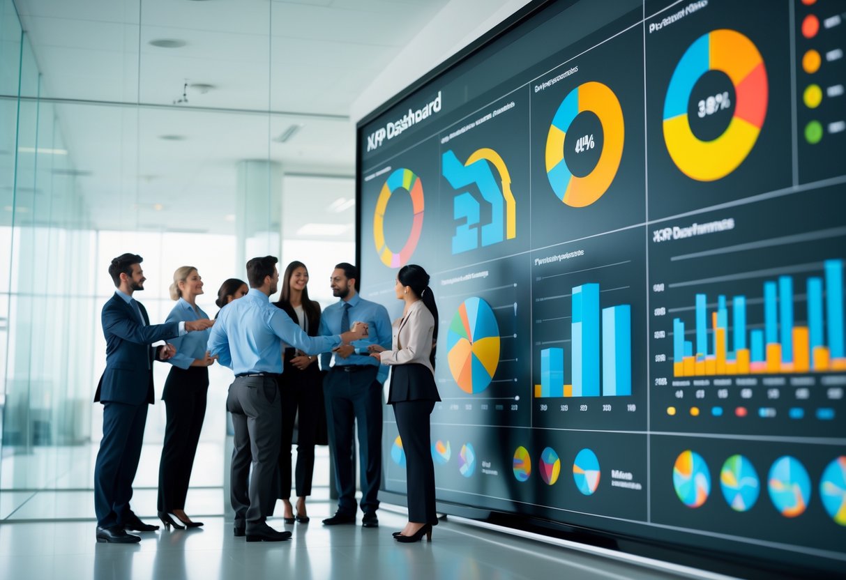 Geschäftsleute betrachten gemeinsam einen großen Bildschirm mit bunten KPI-Diagrammen in einem modernen Büro.