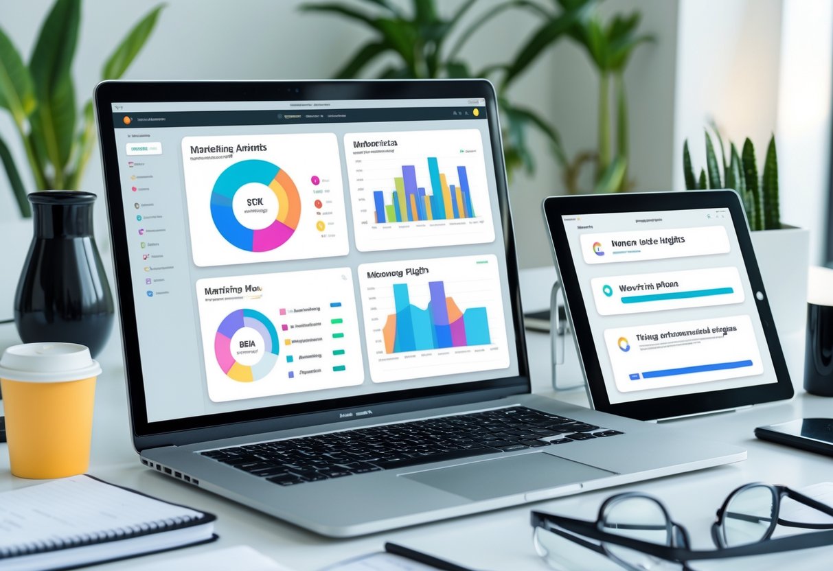 Die besten ChatGPT-Plugins für Marketing 1 Moderner Arbeitsplatz mit Laptop, Smartphone und Tablet, umgeben von Büroartikeln in einem hellen Büro.