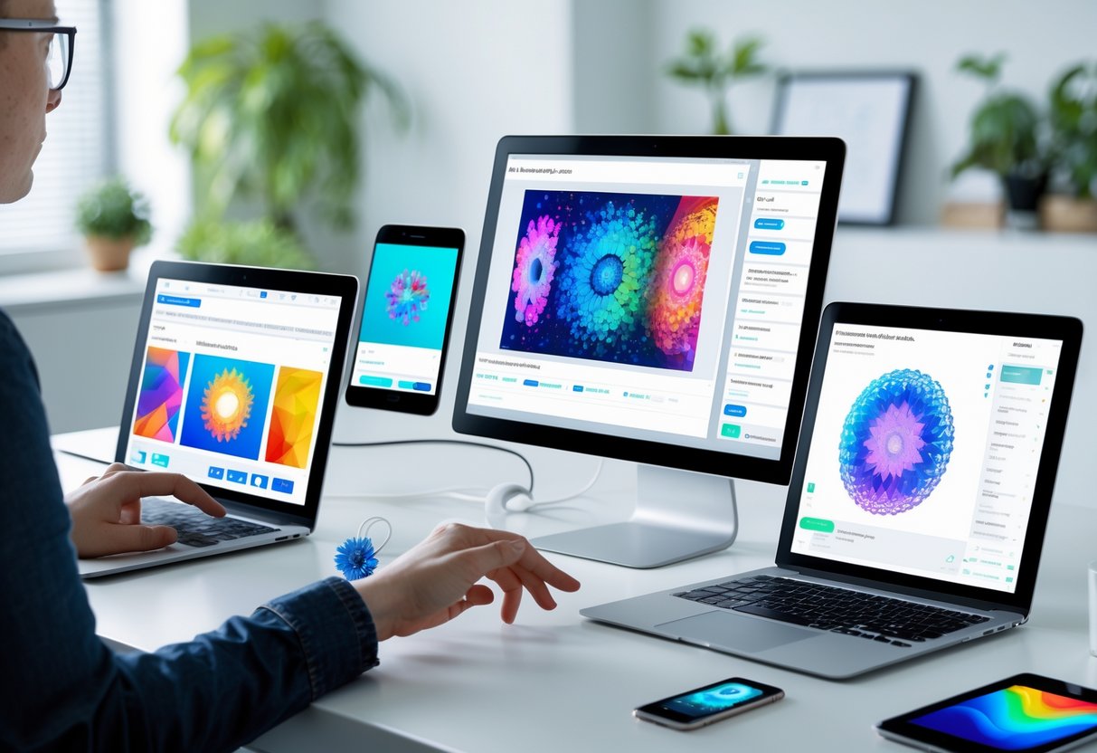 Moderne Arbeitsumgebung mit mehreren digitalen Geräten, die verschiedene kreative KI-Kunstwerke anzeigen, Hände bedienen die Geräte.