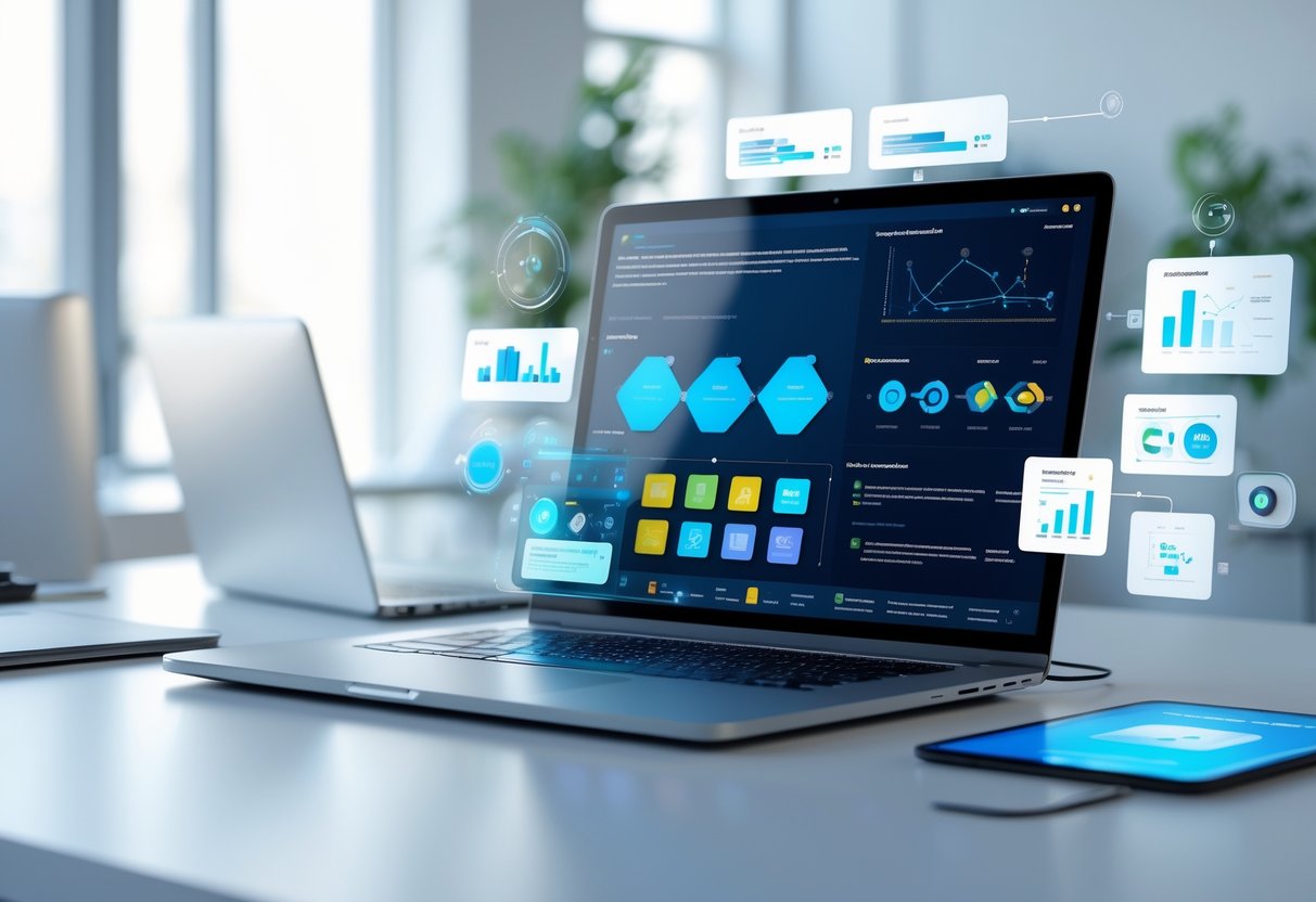 Ein moderner Arbeitsplatz mit einem Laptop und mehreren digitalen Symbolen, die verschiedene KI-Tools darstellen.
