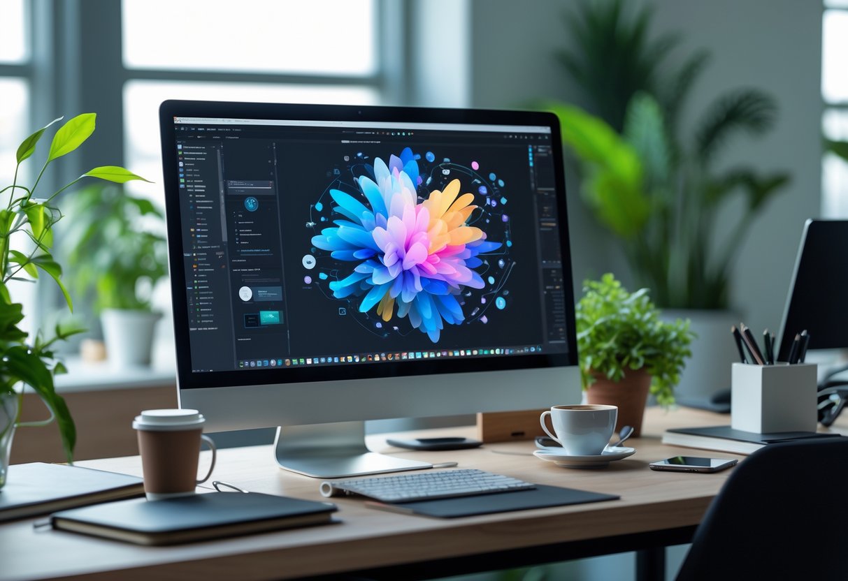 Ein moderner Arbeitsplatz mit Computer, Notizbüchern, Smartphone und Pflanzen, der digitale Kreativität und Technologie zeigt.