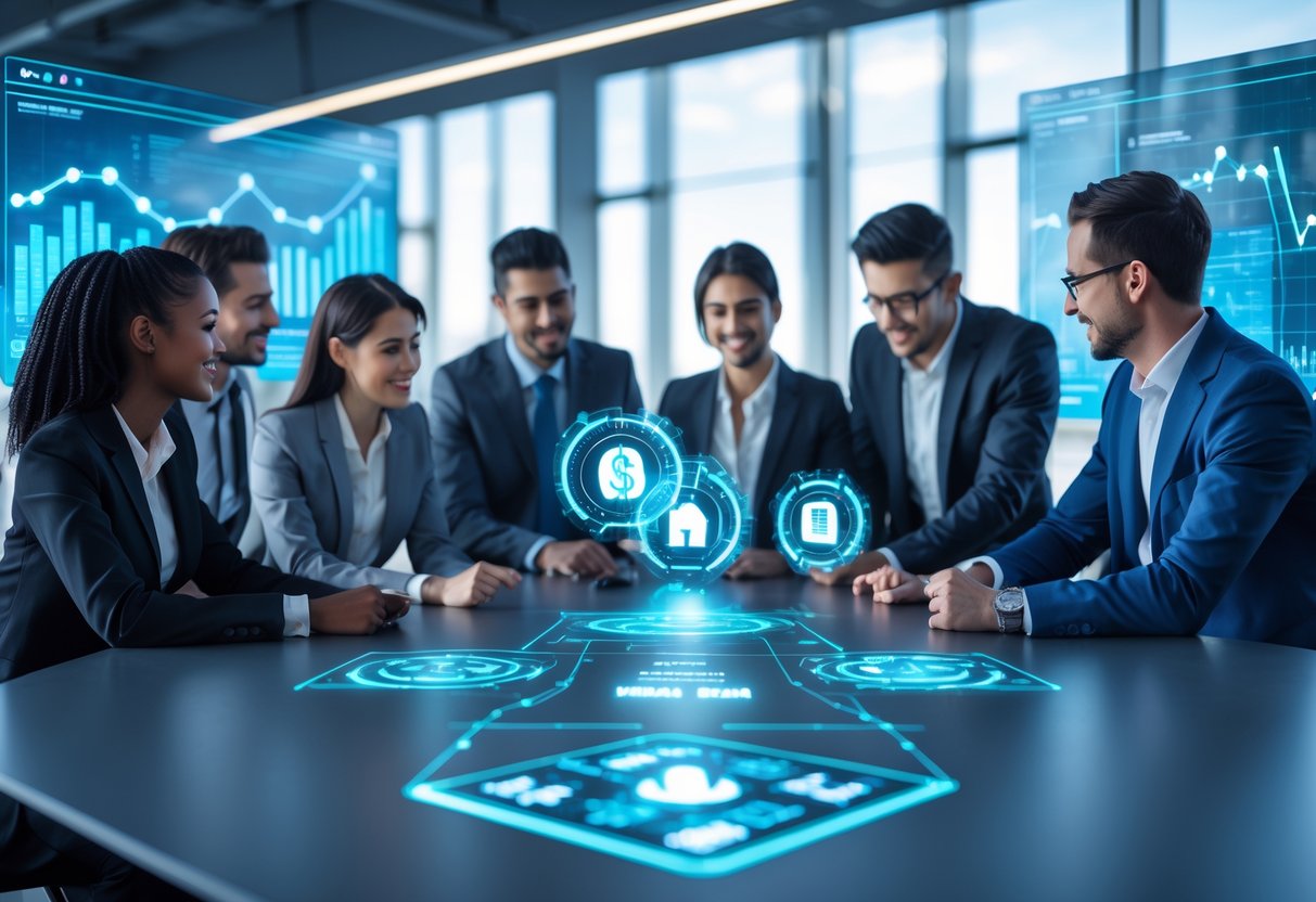 Wie man mit KI Geld verdienen kann 2 Eine Gruppe von Fachleuten arbeitet gemeinsam in einem modernen Büro mit digitalen Grafiken und Diagrammen, die künstliche Intelligenz und finanzielles Wachstum darstellen.