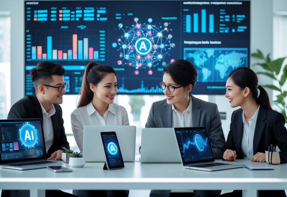 Wie man mit KI Geld verdienen kann 3 Menschen arbeiten gemeinsam an Computern mit Darstellungen von künstlicher Intelligenz und Finanzdaten in einem modernen Büro.