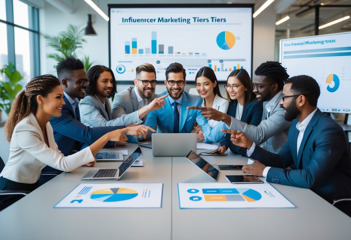 Influencer-Stufen – wann sollte deine Marke welche nutzen? 2 Ein Team von Marketingfachleuten diskutiert gemeinsam in einem Büro über Influencer-Stufen anhand von Diagrammen und digitalen Geräten.