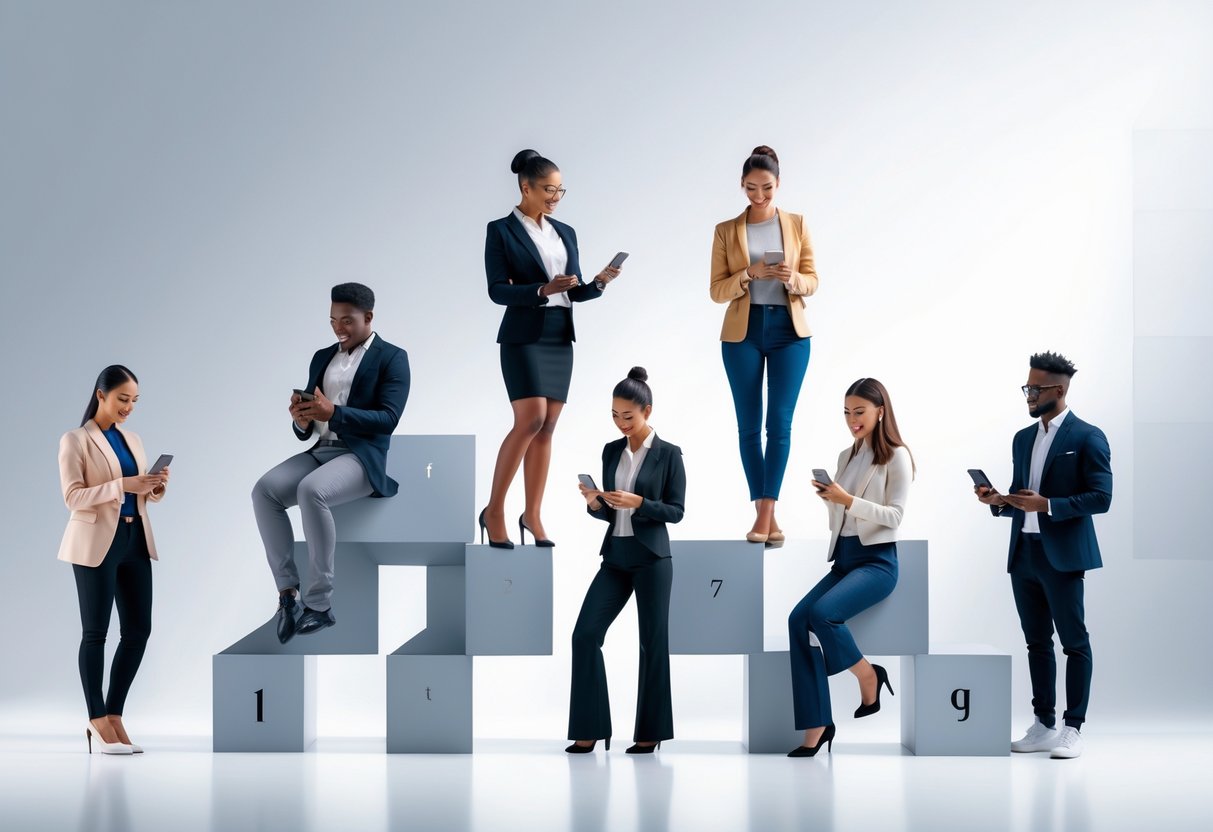 Influencer-Stufen – wann sollte deine Marke welche nutzen? 3 Fünf verschiedene Personen, die unterschiedliche Influencer-Stufen darstellen, stehen gestaffelt nebeneinander und nutzen digitale Geräte.