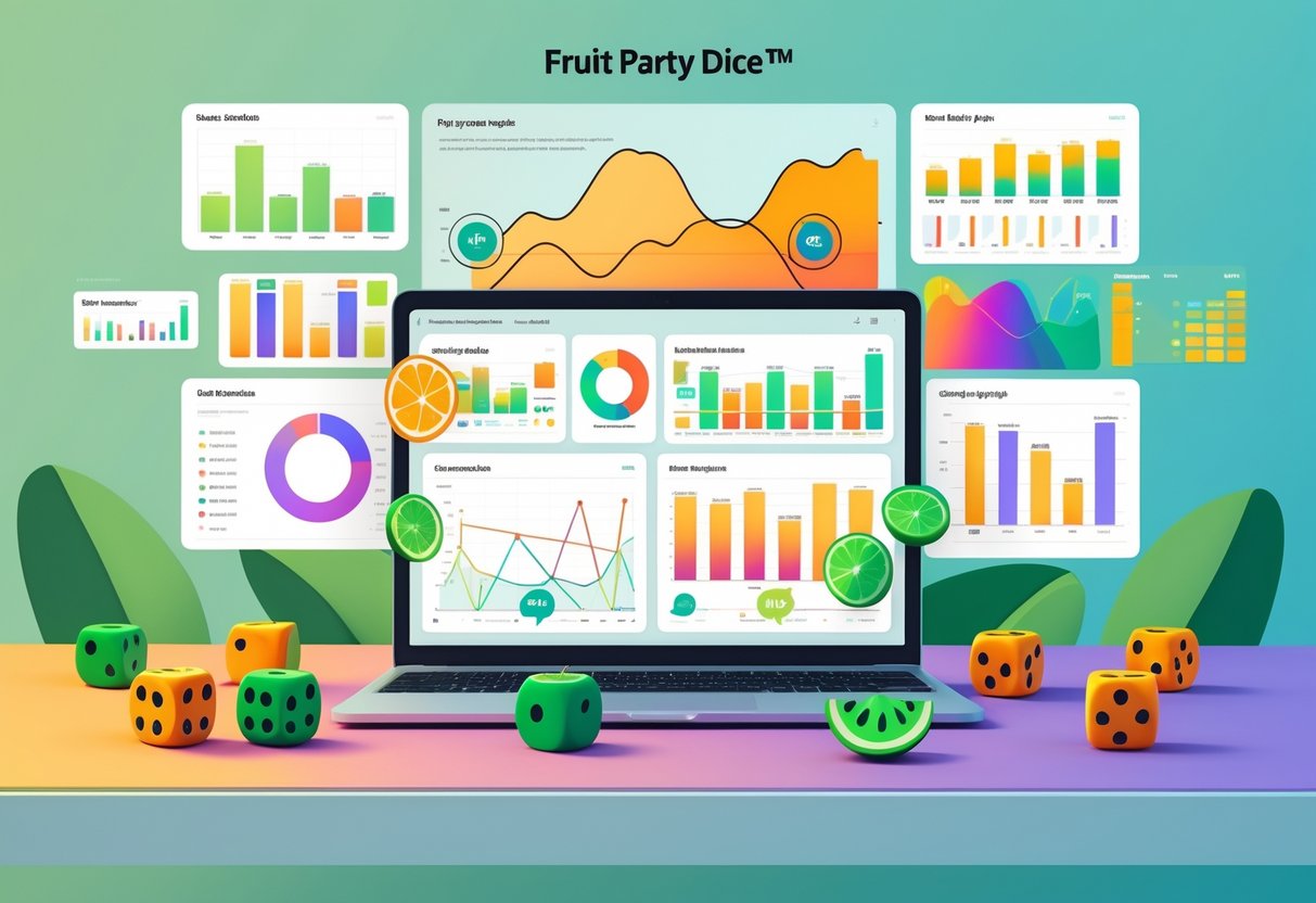 Sebuah meja kerja dengan laptop yang menampilkan grafik dan dadu bertema buah di sekitarnya, menggambarkan analisis data permainan.