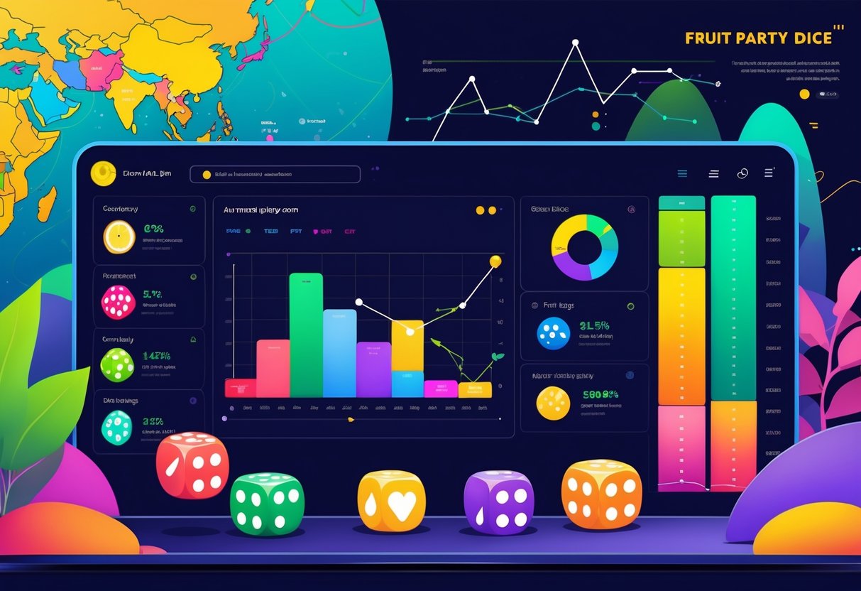 Ilustrasi profesional yang menampilkan dashboard digital dengan grafik warna-warni dan ikon dadu yang menggambarkan analisis data permainan Fruit Party Dice™, dengan latar belakang peta Asia-Pasifik.
