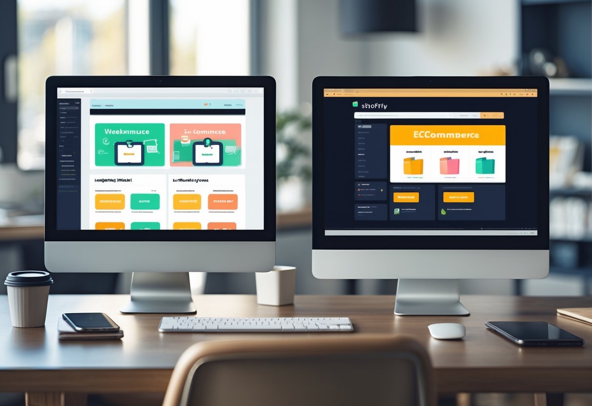 WooCommerce vs Shopify Vergleich 2 Ein moderner Arbeitsplatz mit zwei Computermonitoren nebeneinander auf einem Schreibtisch, die verschiedene E-Commerce-Plattformen zeigen.