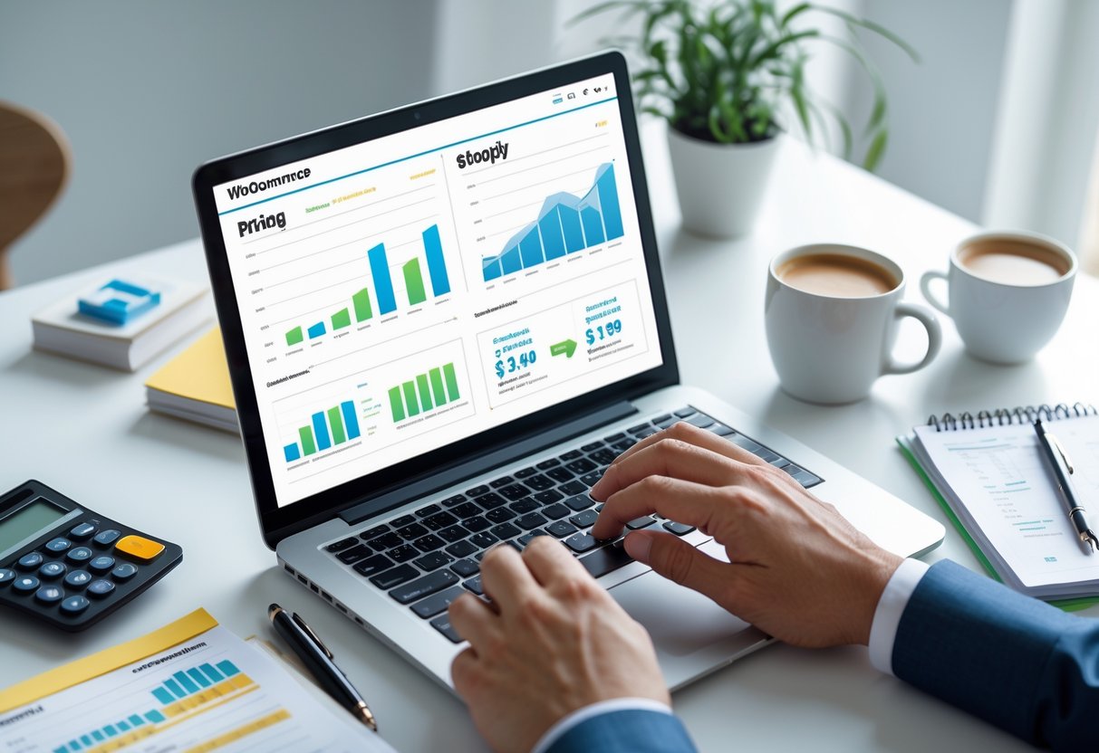 WooCommerce vs Shopify Vergleich 3 Ein moderner Arbeitsplatz mit einem Laptop, der zwei Dashboards nebeneinander zeigt, um WooCommerce und Shopify zu vergleichen, umgeben von einem Taschenrechner, Notizbuch, Stift und einer Kaffeetasse.