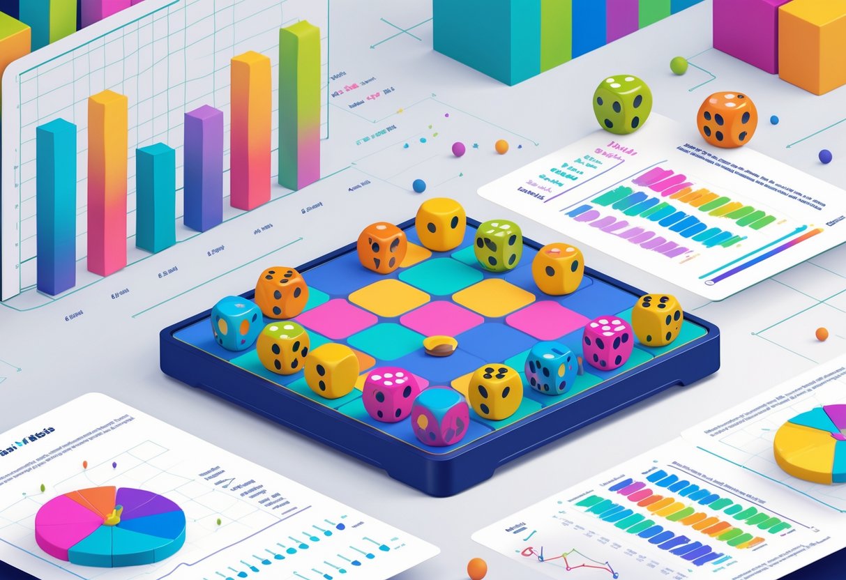 Ilustrasi papan permainan dengan dadu buah berwarna-warni yang membentuk pola cluster, dikelilingi oleh grafik dan diagram statistik dari 500 putaran.