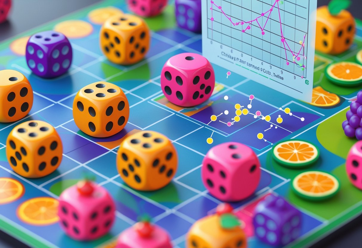 Ilustrasi papan permainan dengan dadu bertema buah yang tersusun dalam pola klaster, serta grafik statistik yang menunjukkan data dari 500 putaran.