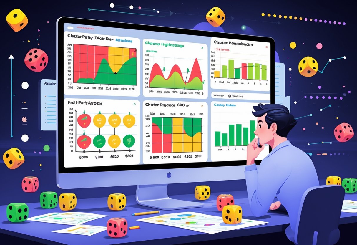 Seorang analis statistik sedang memeriksa grafik dan data pada layar komputer yang menampilkan pola cluster dan simbol buah dari permainan Fruit Party Dice™.