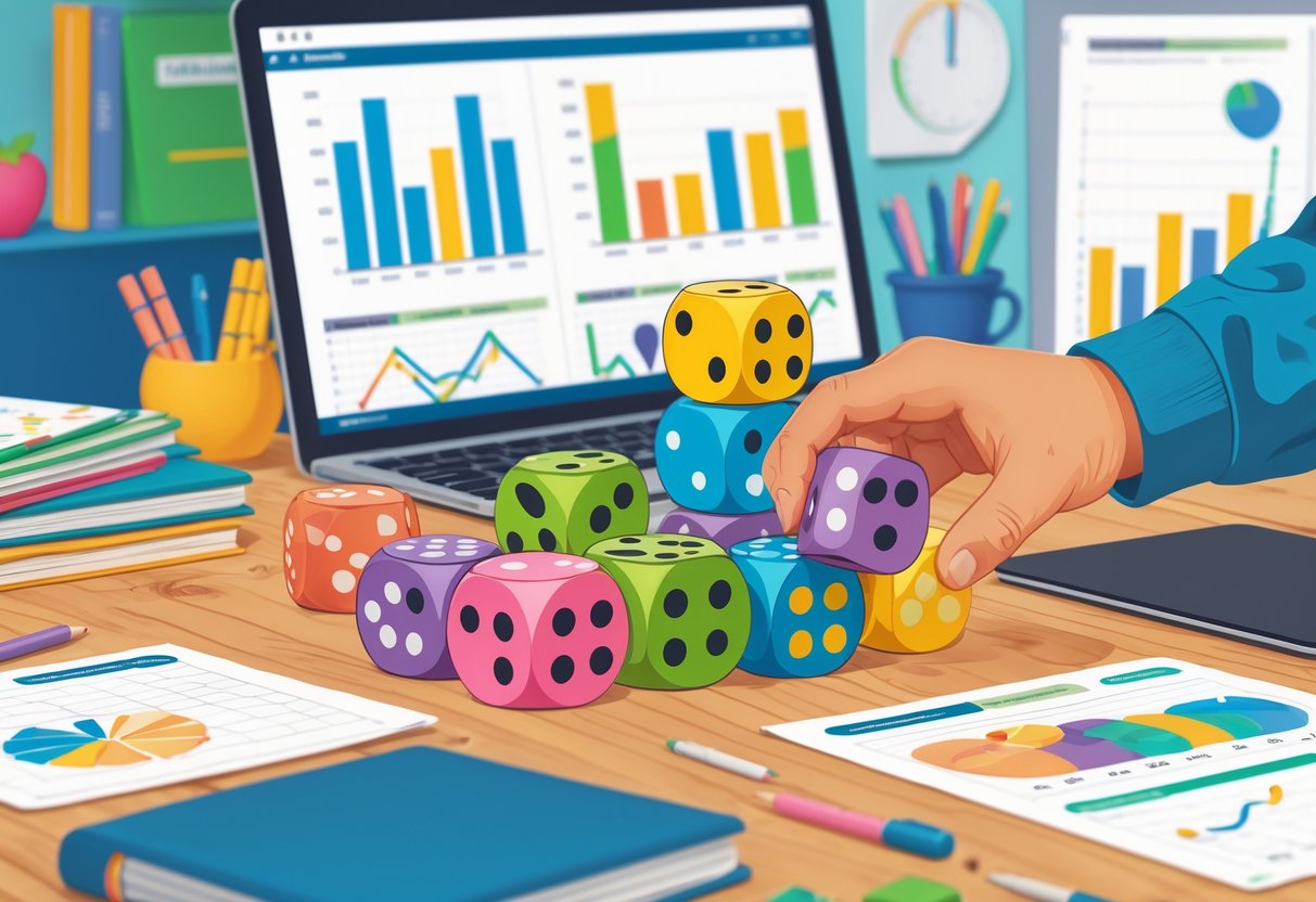 Sebuah meja kerja dengan dadu buah berwarna-warni dan grafik statistik yang menunjukkan pola dan analisis, dengan tangan yang sedang mengatur dadu.