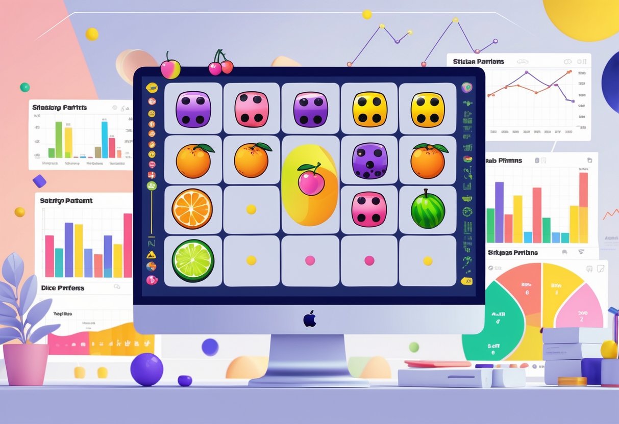 Ilustrasi meja kerja modern dengan layar digital menampilkan dadu buah berwarna-warni dan grafik statistik permainan Fruit Party Dice™.