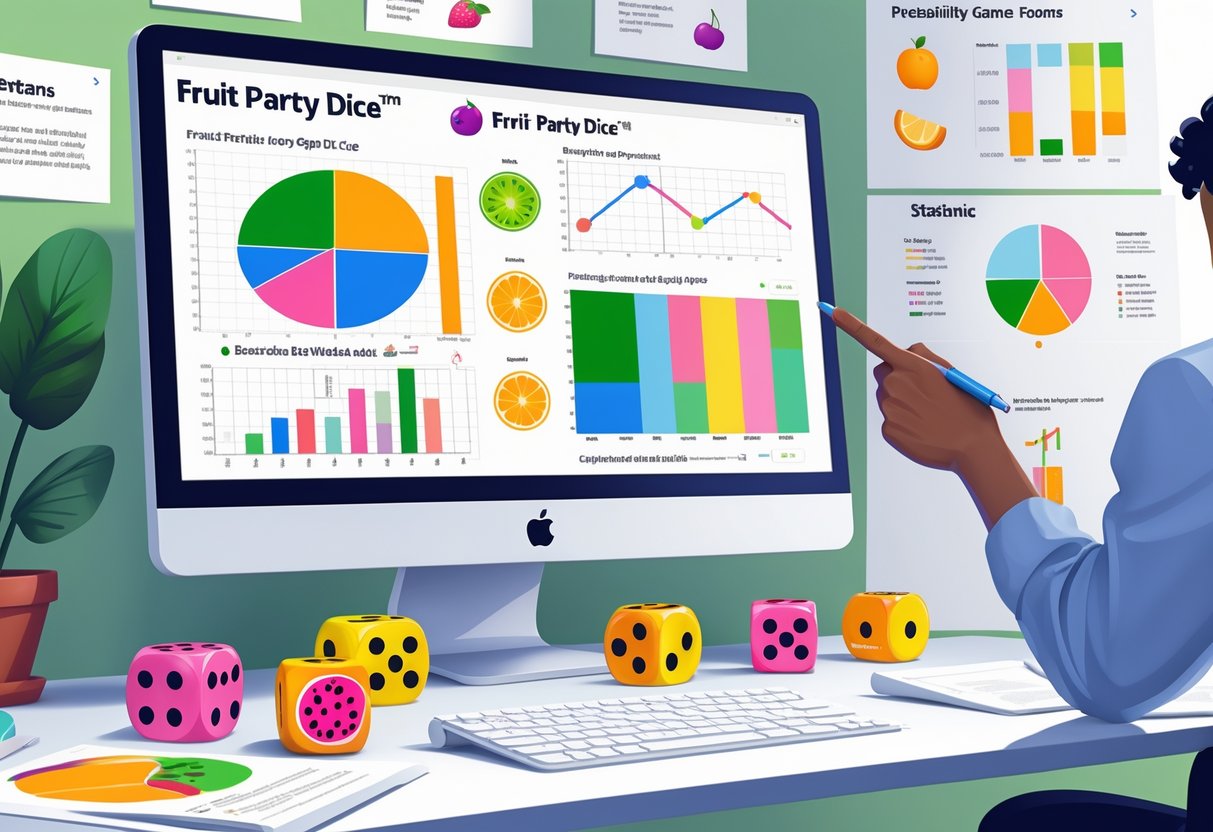 Seseorang sedang menganalisis data statistik Fruit Party Dice™ dengan grafik dan dadu buah berwarna-warni di meja kerja.