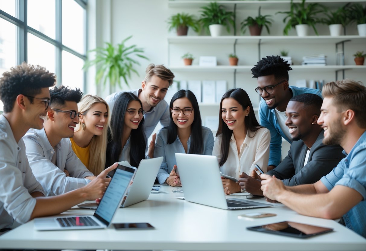 Influencer-Kooperationen: Starke Partnerschaften aufbauen 1 Eine Gruppe junger Menschen arbeitet gemeinsam an einem Tisch in einem modernen Büro.
