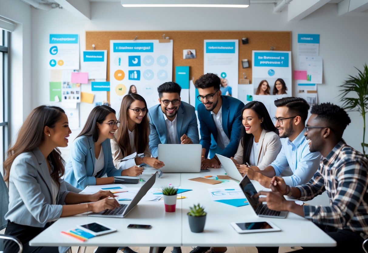 Influencer-Kooperationen: Starke Partnerschaften aufbauen 2 Mehrere junge Fachleute arbeiten zusammen an einem Tisch in einem modernen Büro.