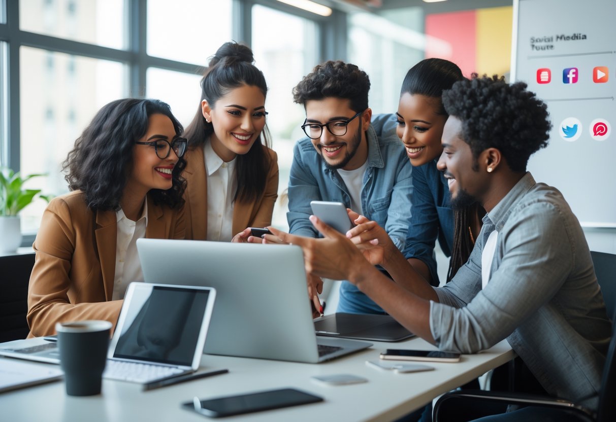 Influencer-Kooperationen: Starke Partnerschaften aufbauen 3 Mehrere junge Menschen arbeiten gemeinsam an einem Tisch mit Laptops und Smartphones in einem modernen Büro.