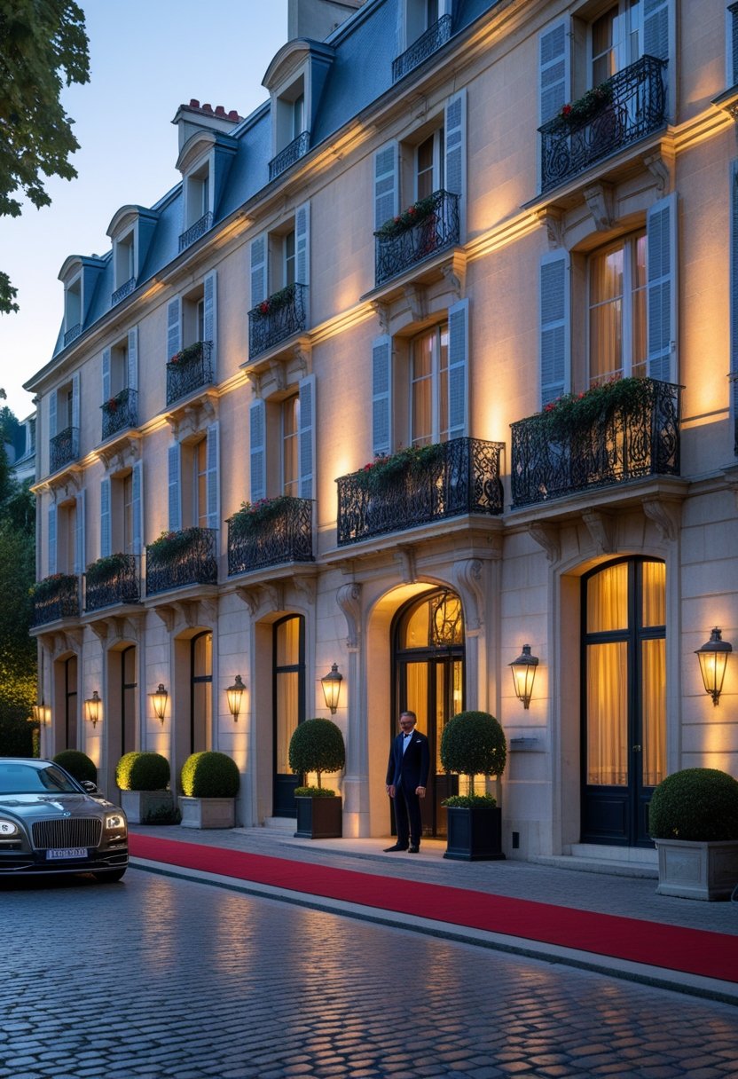 Façade élégante d'un hôtel de luxe en France avec un portier, une voiture de luxe et des fleurs décoratives.
