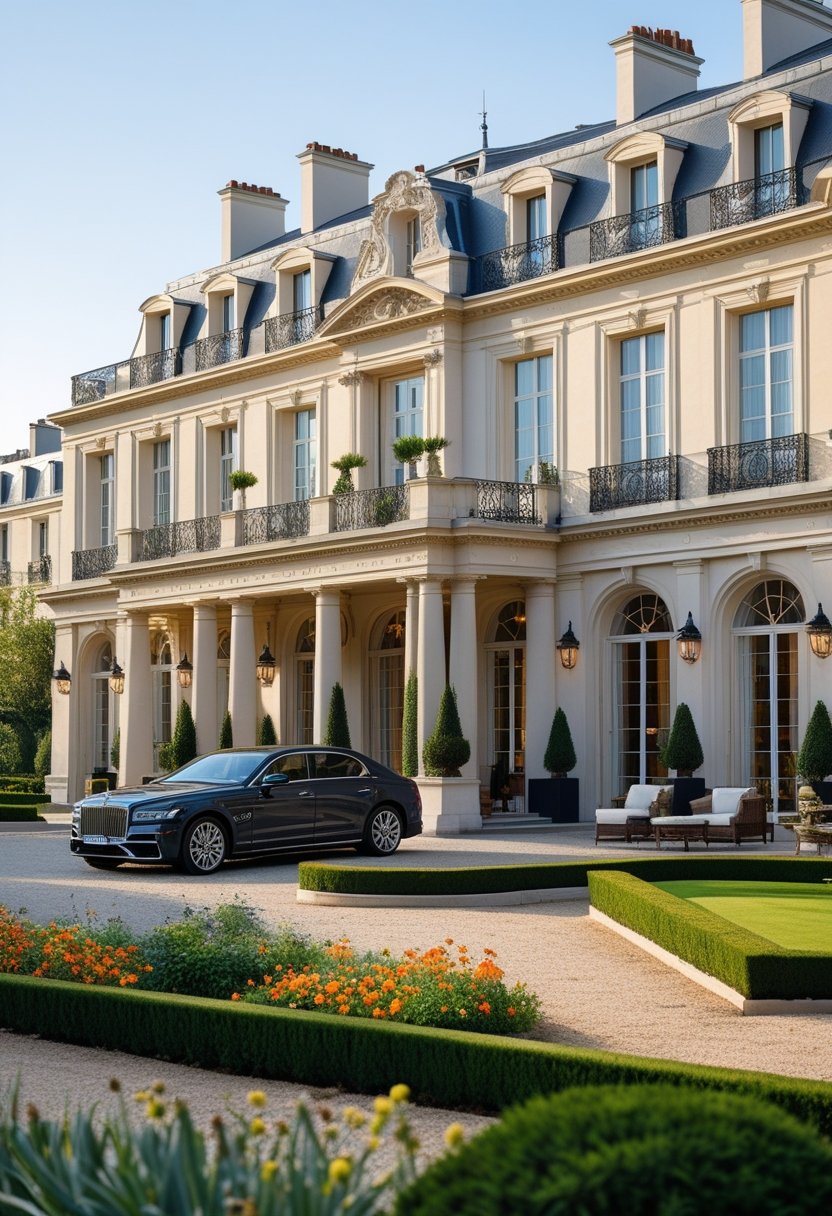 Façade élégante d'un hôtel de luxe en France avec un jardin soigné et une voiture de luxe garée à l'entrée.