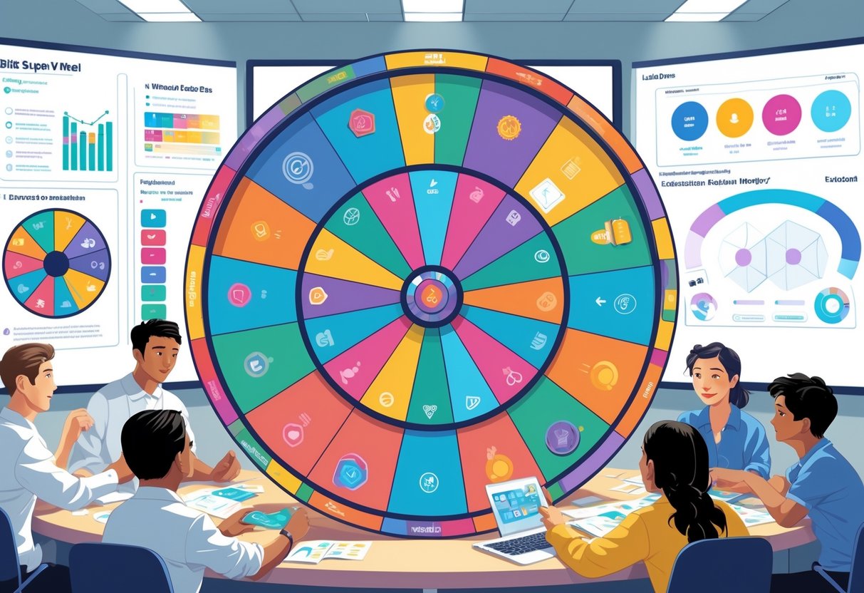 Sekelompok orang sedang belajar dan berdiskusi di sekitar roda permainan berwarna-warni dengan berbagai pola dan simbol di ruangan kelas modern.