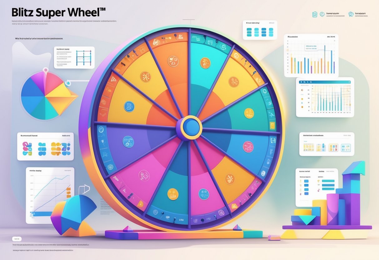 Ilustrasi sebuah roda putar besar dengan berbagai simbol dan grafik yang menggambarkan pola, fitur, dan cara kerja Blitz Super Wheel™.